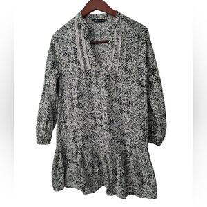 Zara Ditsy Floral long sleeve short dress in white green, size S Cottagecore